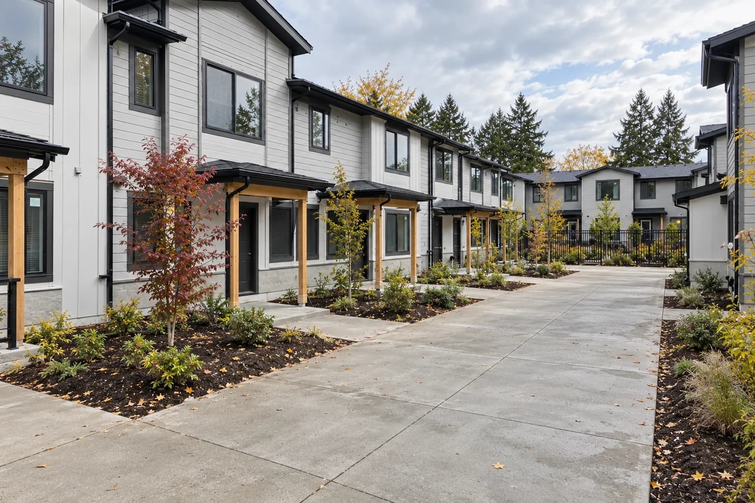 Generated after example: the same apartment courtyard from farther along the path, with debris and crew removed and normal leaves and surface wear remaining