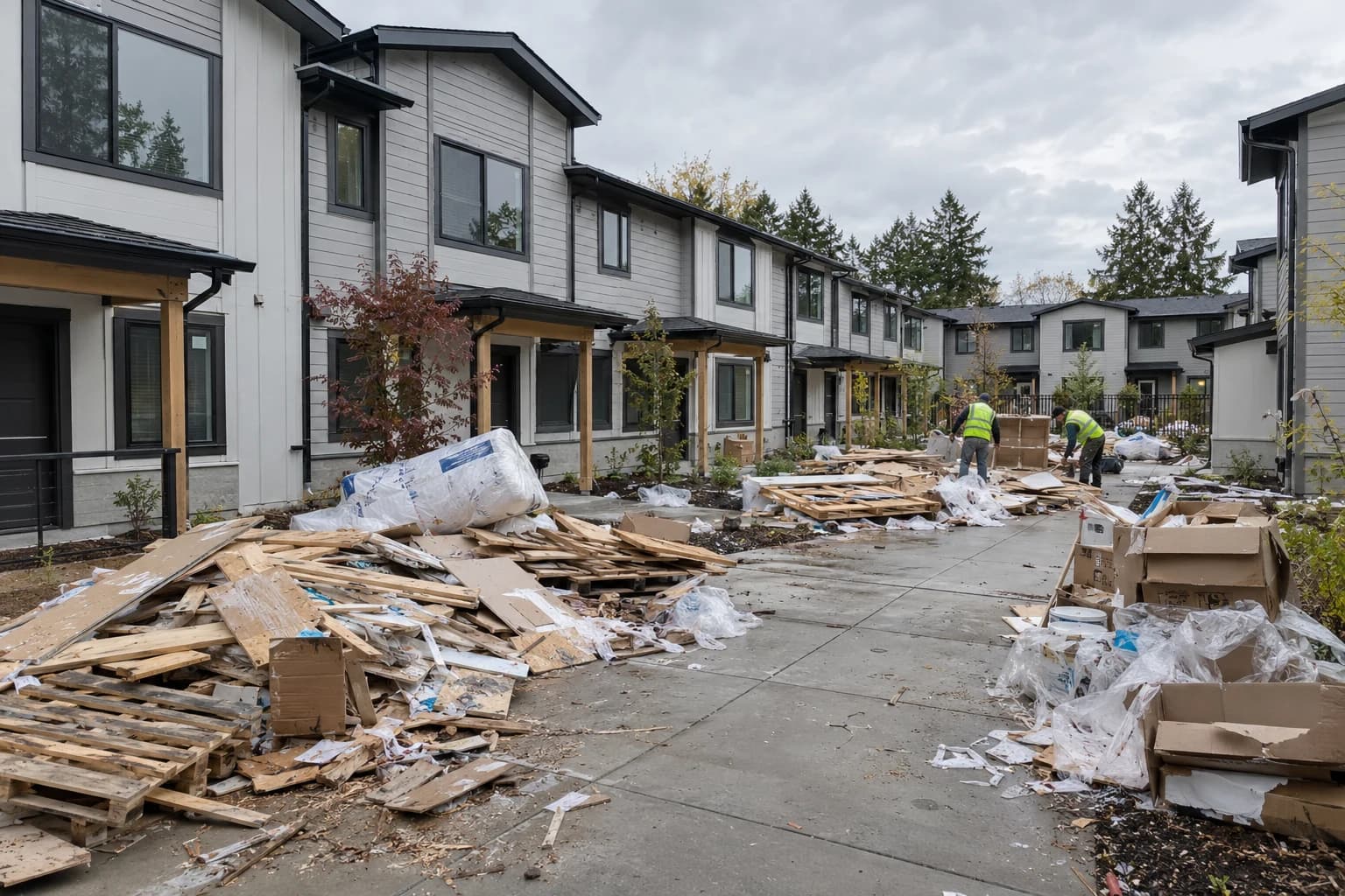 Generated during cleanup example: a newly built apartment development with construction debris and cleanup workers in the courtyard
