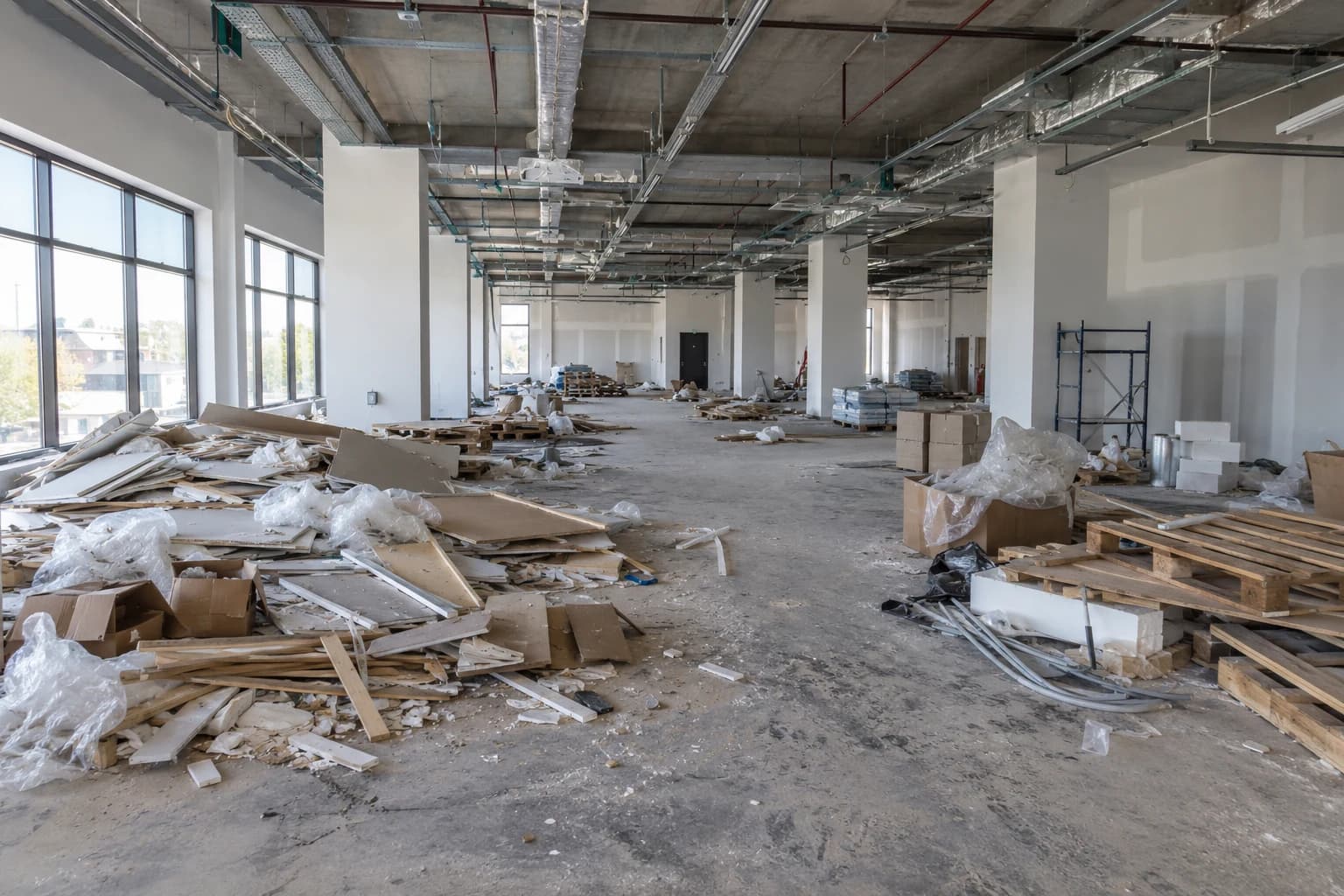 Generated before example: a large commercial site with heavy construction debris across the floor